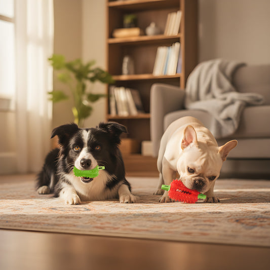 Two dogs playing with ChilliChomp toys in a modern house